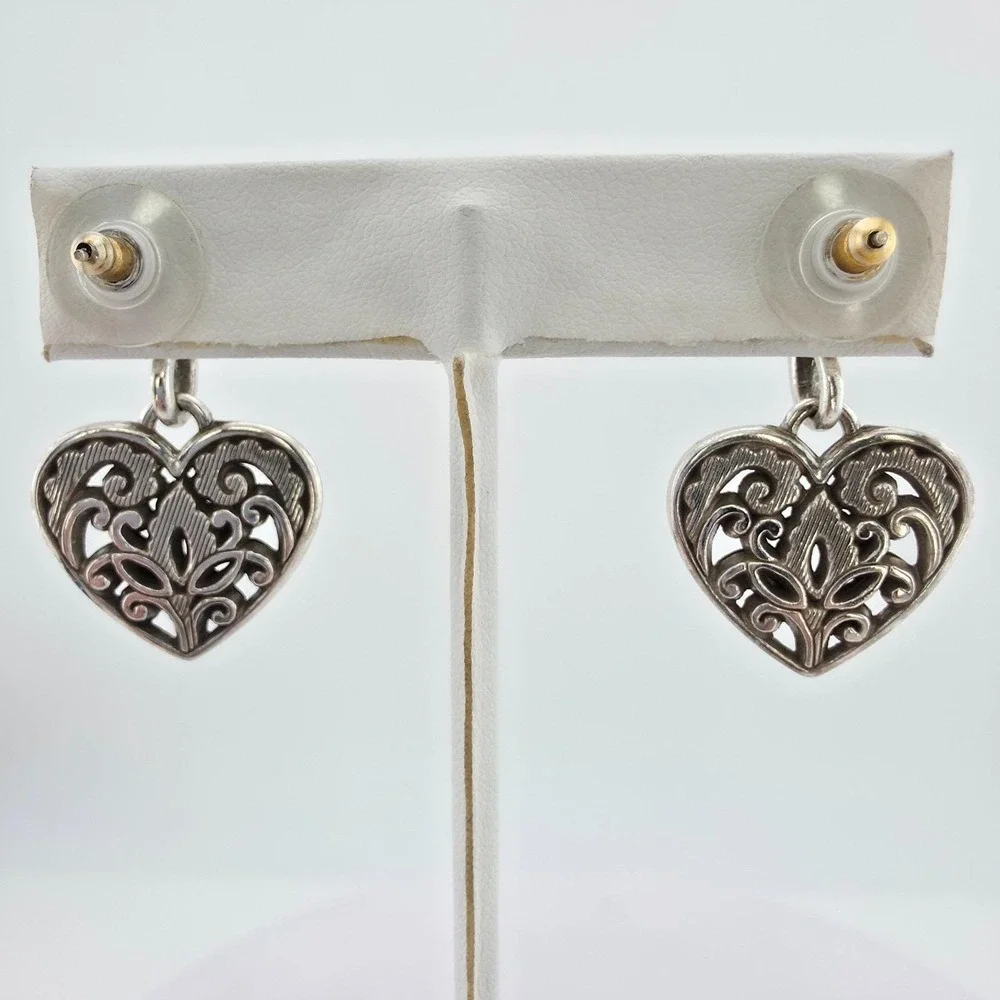 BRIGHTON 'Cordoba Heart' Earrings Open Scrollwork Floral Drop Silver Plate 1.5
